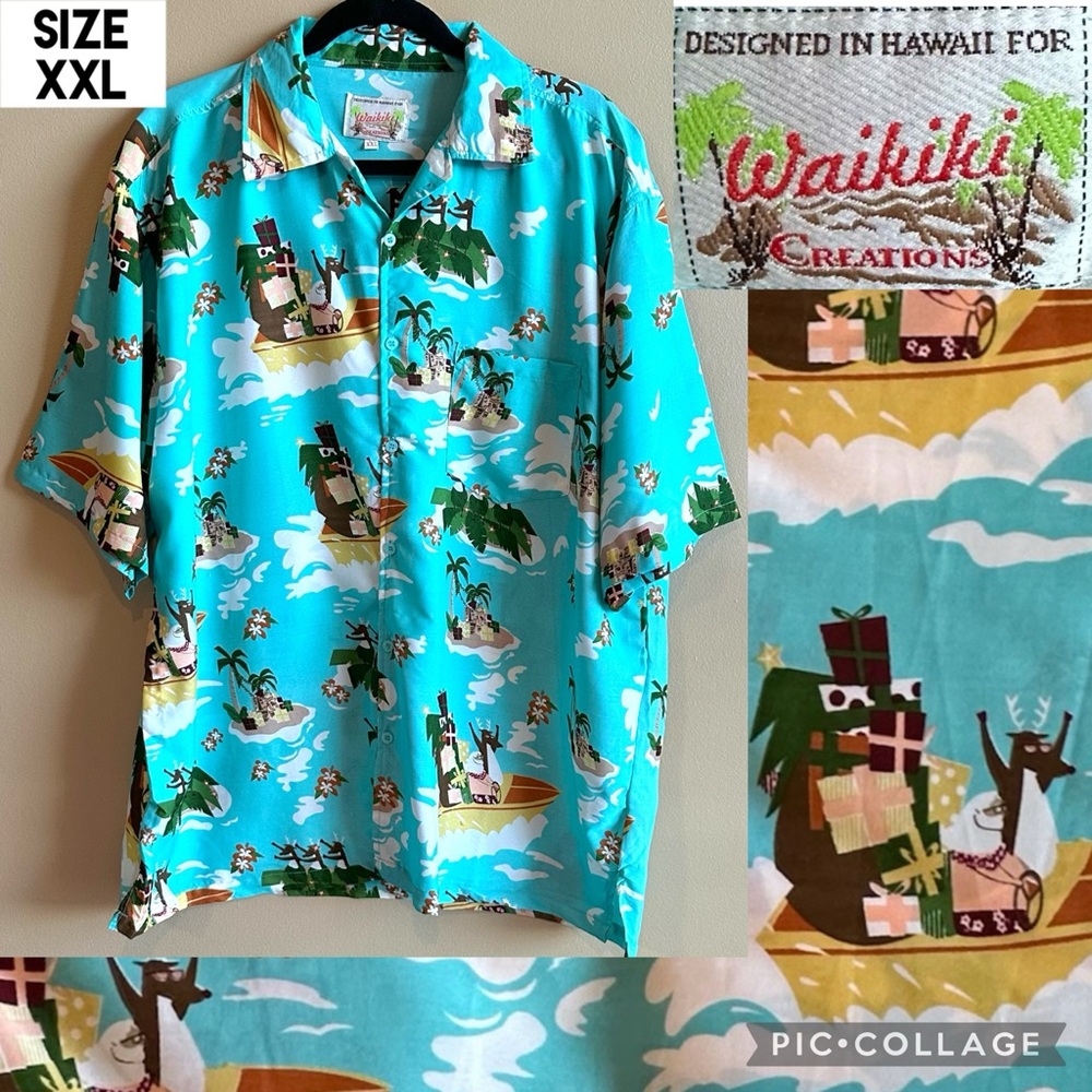 VTG Waikiki Creations Mens Shirt SANTA in HAWAII Button Down Christmas Blue XXL